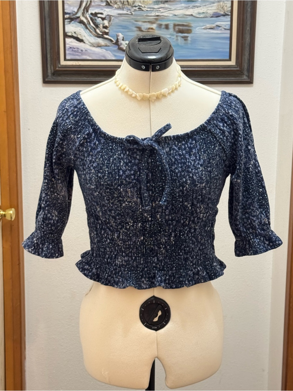 Wallflower Navy Blue Smocked Tie-Front Crop Top